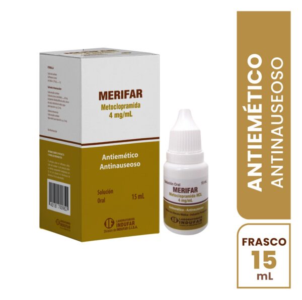 MERIFAR Metoclopramida 4mg/mL 15 mL MERIFAR 4MG/ML SOLUCIÓN PARA GOTAS ORALES, CAJA CON FRASCO GOTERO x 15 ML
